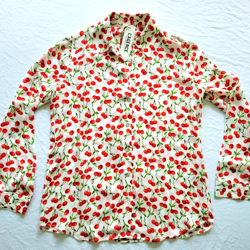 L'Agence Nina Cherry Cherries Silk Blouse Top XS NWT